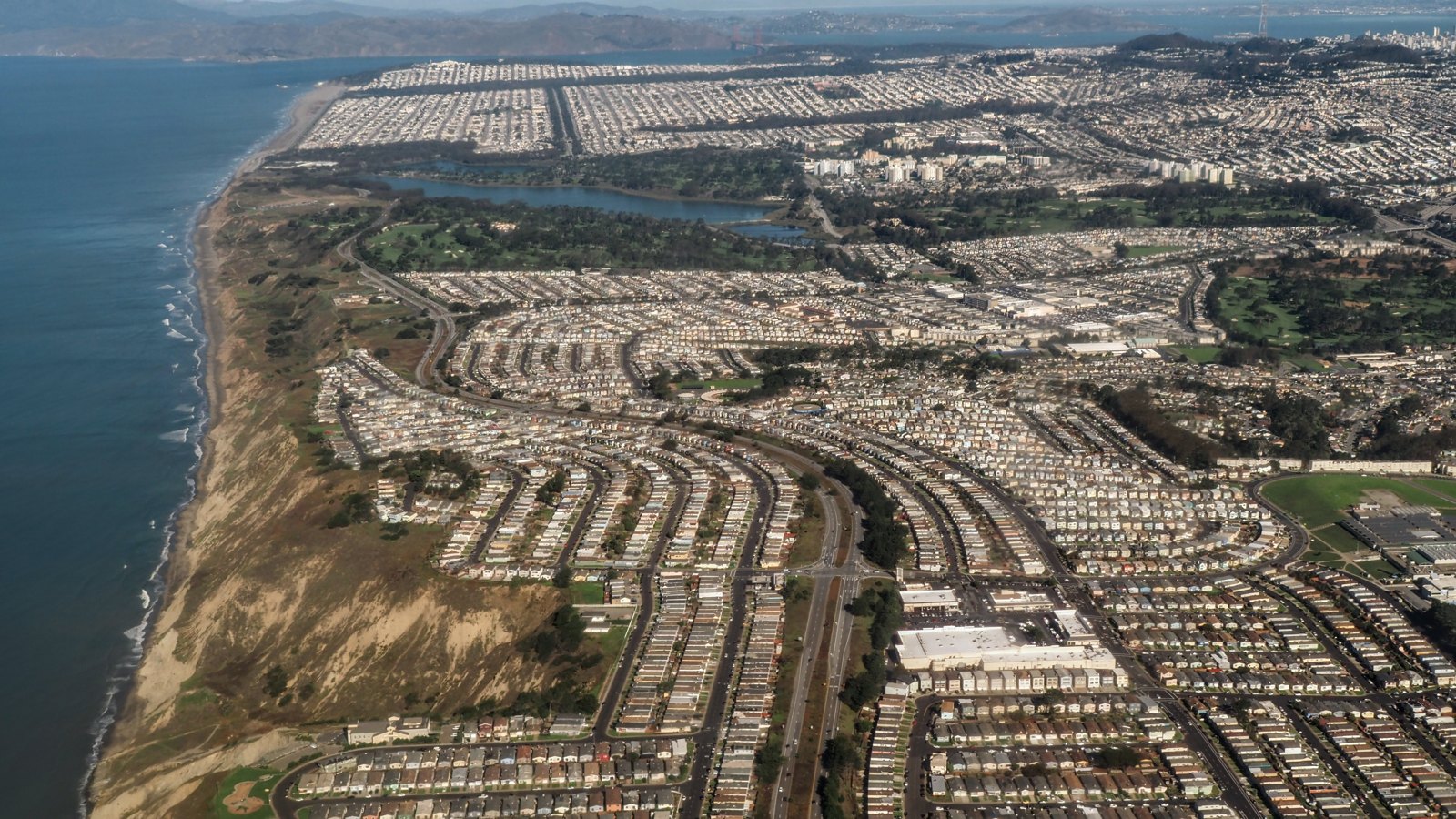 Daly City's tract housing along the ocean bluffs, from the air